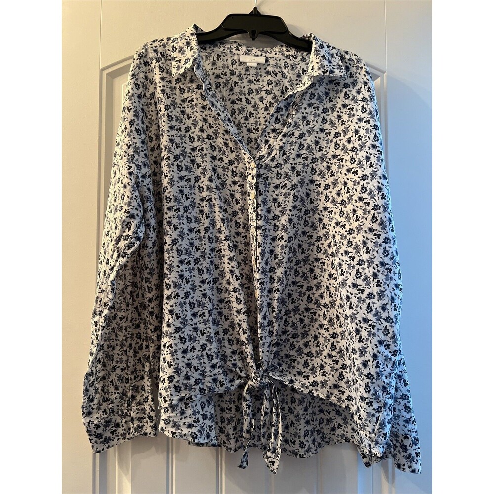 j jill blouse L woman’s floral cotton Silk Long sleeve button front tie Wst